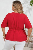 Plus Tie Front Half Button V Neck Solid Blouse | Mixtshop LLC