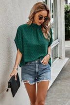 Solid Swiss Dot Mock Neck Drop Shoulder Blouse | Mixtshop LLC