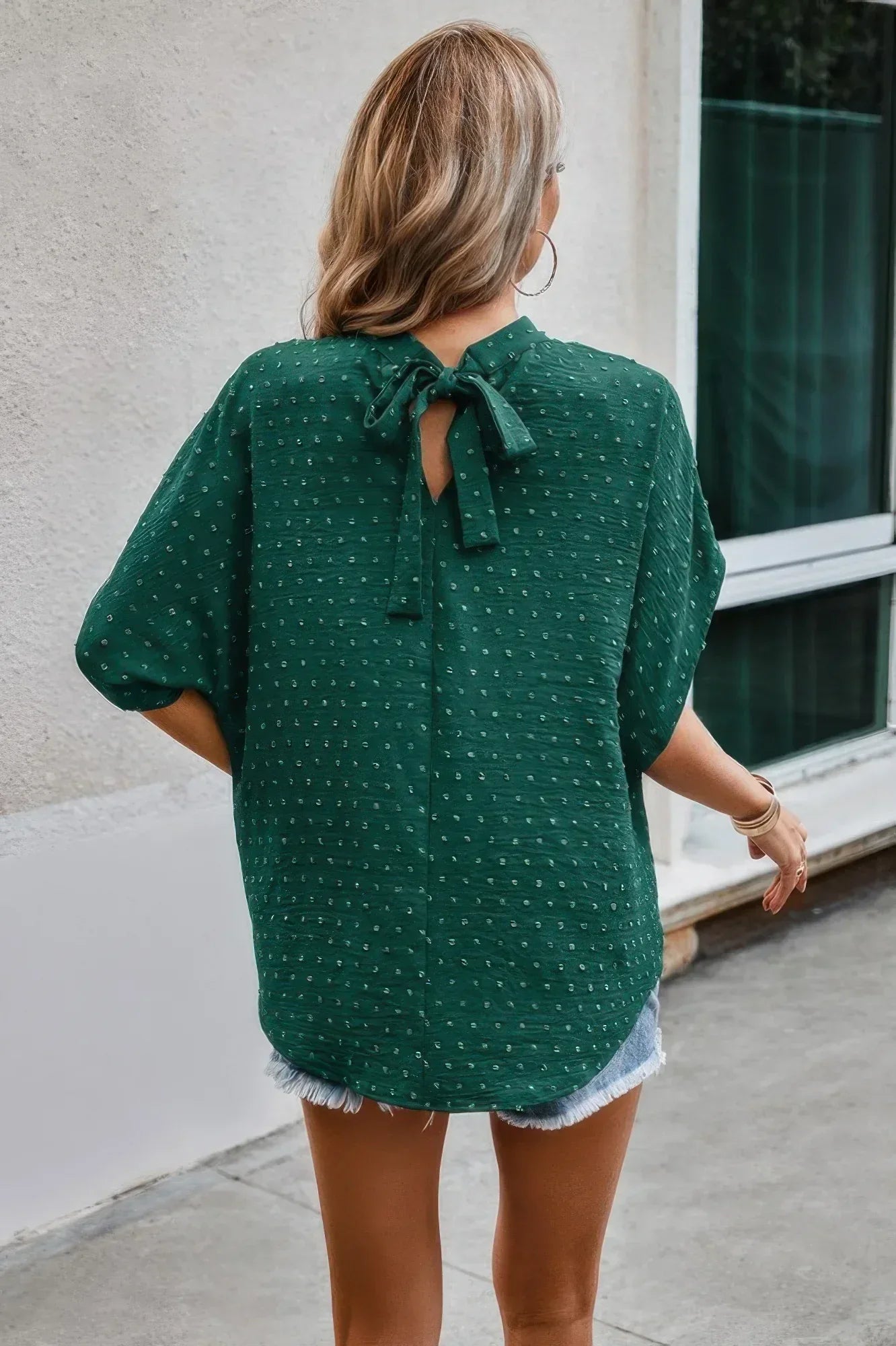 Solid Swiss Dot Mock Neck Drop Shoulder Blouse | Mixtshop LLC