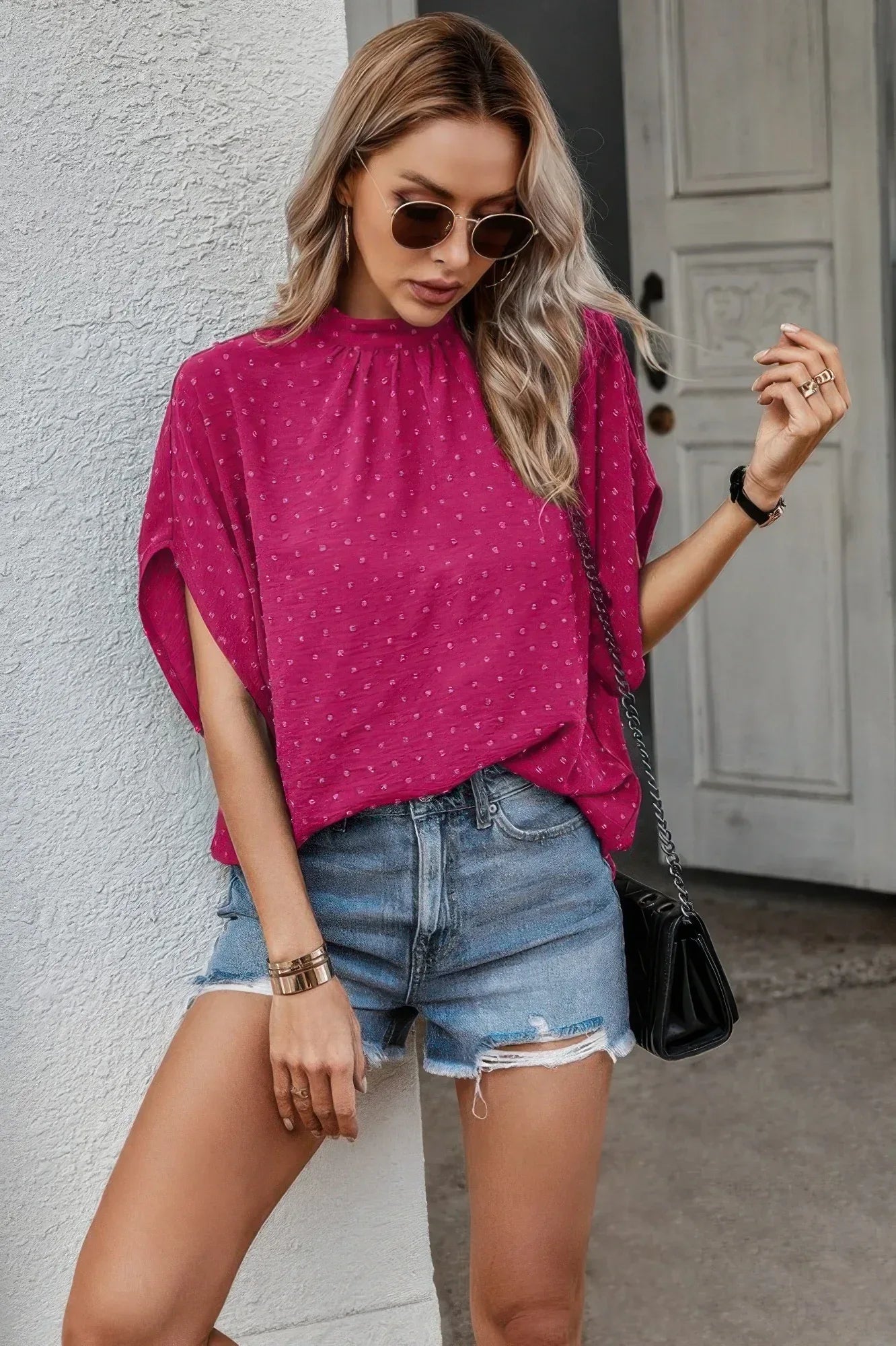 Solid Swiss Dot Mock Neck Drop Shoulder Blouse | Mixtshop LLC