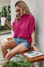 Solid Swiss Dot Mock Neck Drop Shoulder Blouse | Mixtshop LLC