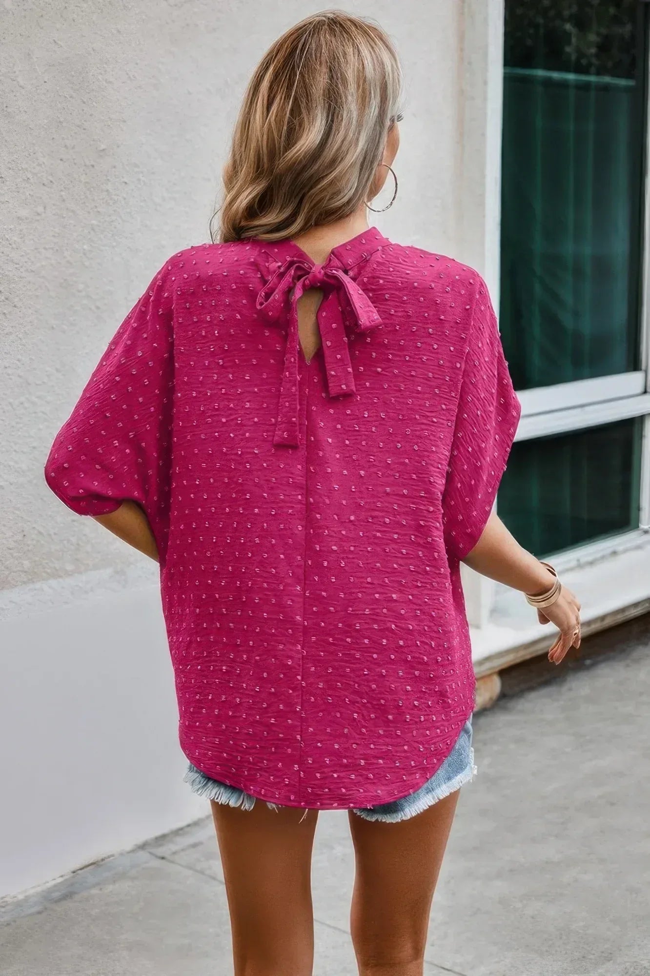 Solid Swiss Dot Mock Neck Drop Shoulder Blouse | Mixtshop LLC
