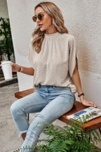 Solid Swiss Dot Mock Neck Drop Shoulder Blouse | Mixtshop LLC