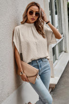 Solid Swiss Dot Mock Neck Drop Shoulder Blouse | Mixtshop LLC
