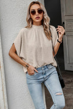 Solid Swiss Dot Mock Neck Drop Shoulder Blouse | Mixtshop LLC