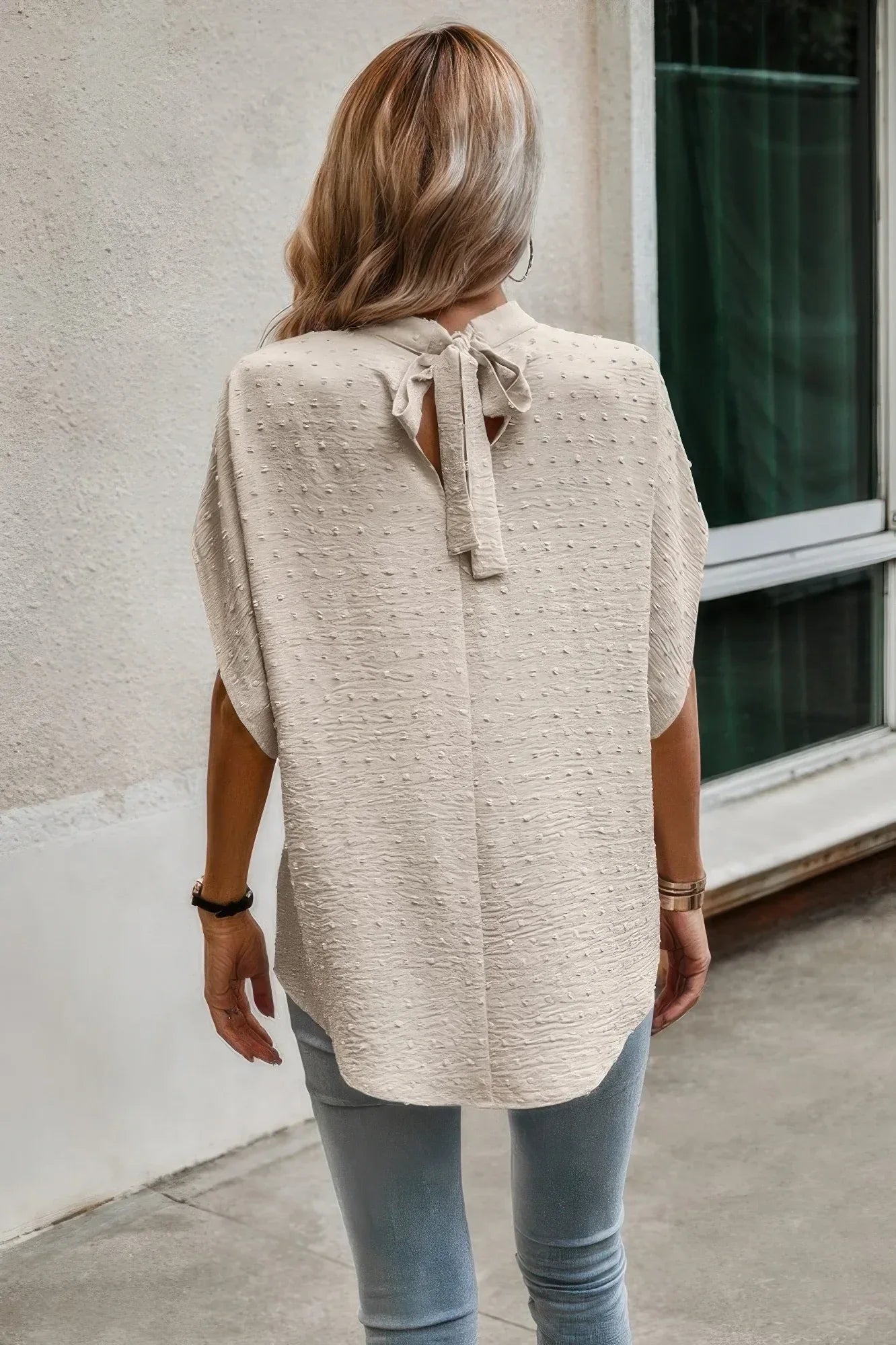 Solid Swiss Dot Mock Neck Drop Shoulder Blouse | Mixtshop LLC