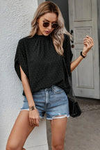 Solid Swiss Dot Mock Neck Drop Shoulder Blouse | Mixtshop LLC