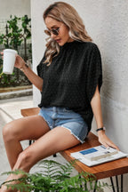 Solid Swiss Dot Mock Neck Drop Shoulder Blouse | Mixtshop LLC