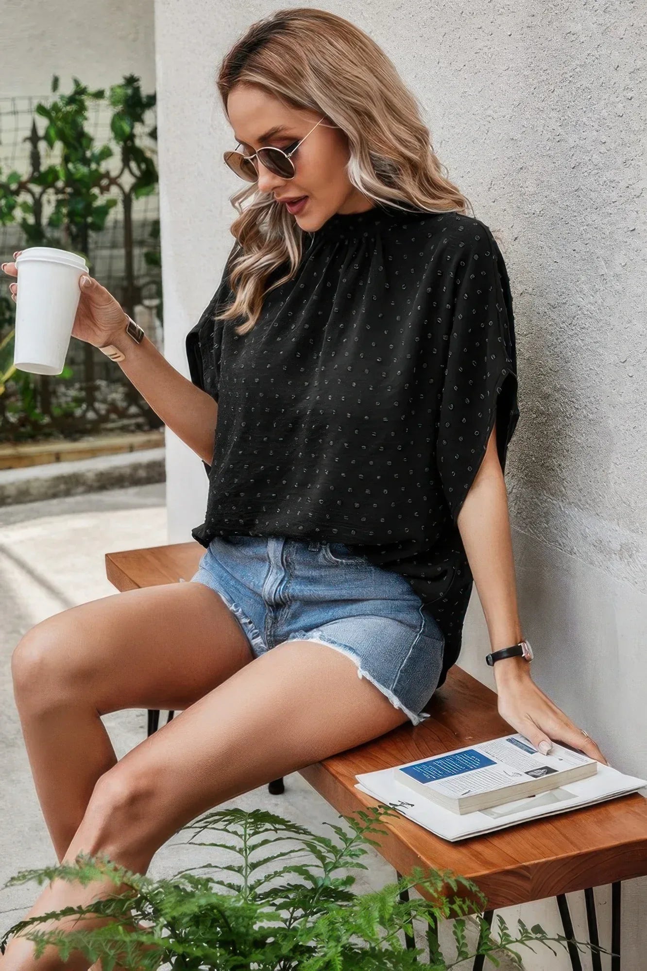 Solid Swiss Dot Mock Neck Drop Shoulder Blouse | Mixtshop LLC