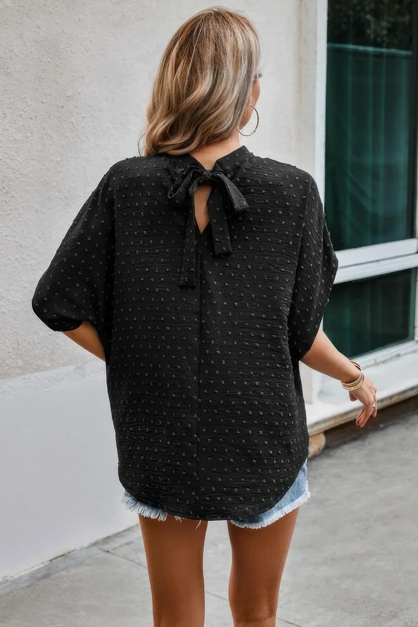 Solid Swiss Dot Mock Neck Drop Shoulder Blouse | Mixtshop LLC