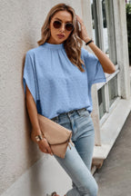 Solid Swiss Dot Mock Neck Drop Shoulder Blouse | Mixtshop LLC