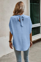 Solid Swiss Dot Mock Neck Drop Shoulder Blouse | Mixtshop LLC