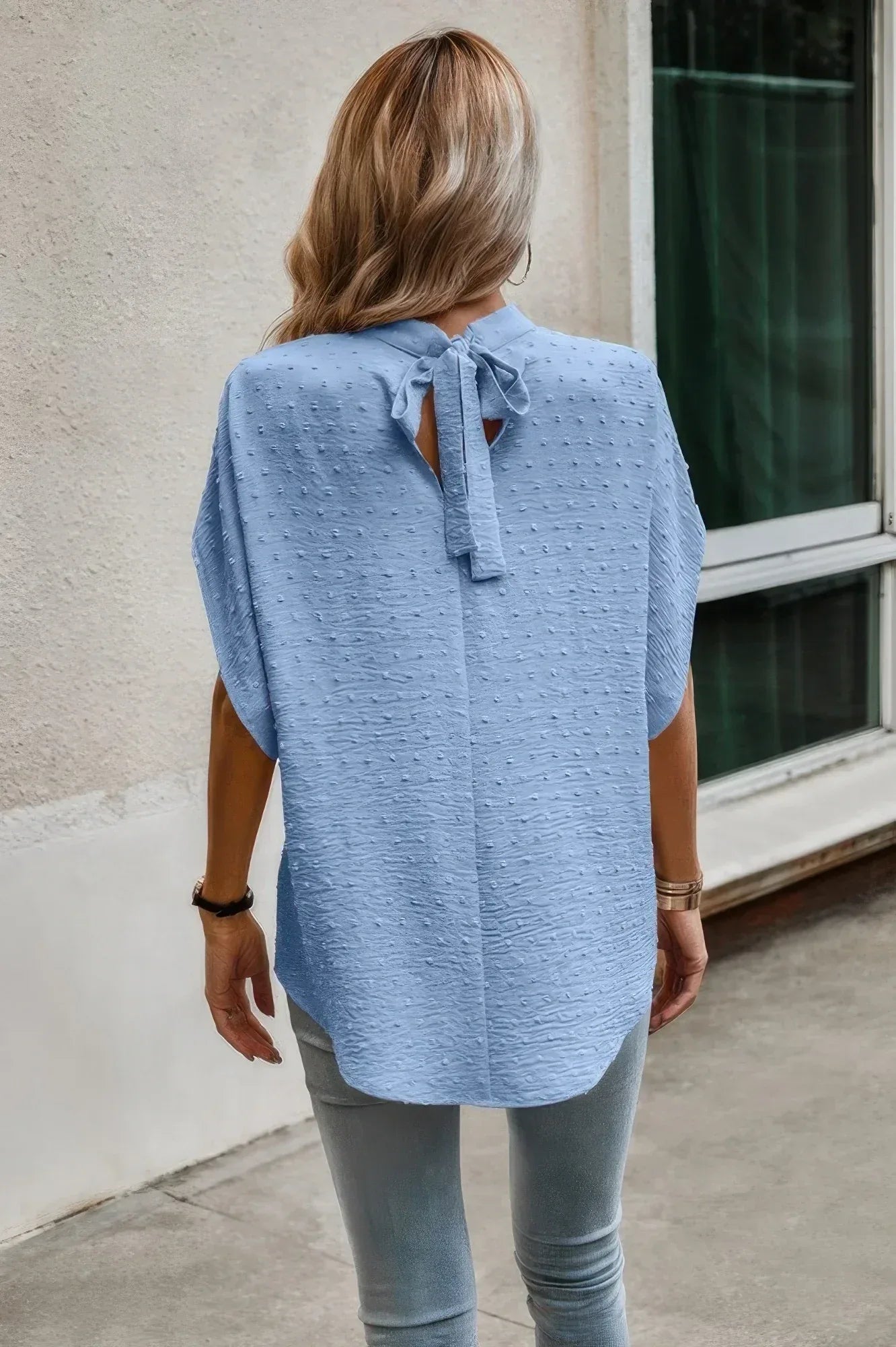 Solid Swiss Dot Mock Neck Drop Shoulder Blouse | Mixtshop LLC