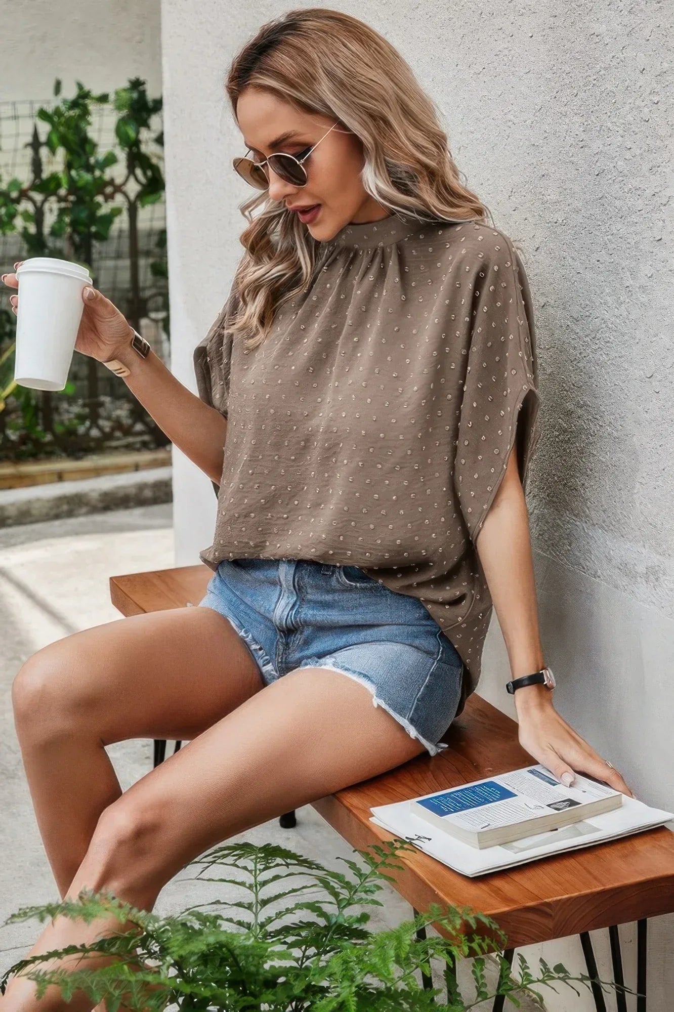 Solid Swiss Dot Mock Neck Drop Shoulder Blouse | Mixtshop LLC