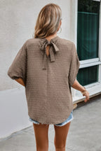 Solid Swiss Dot Mock Neck Drop Shoulder Blouse | Mixtshop LLC