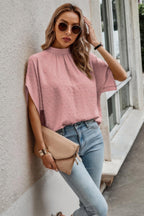 Solid Swiss Dot Mock Neck Drop Shoulder Blouse | Mixtshop LLC