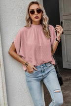 Solid Swiss Dot Mock Neck Drop Shoulder Blouse | Mixtshop LLC