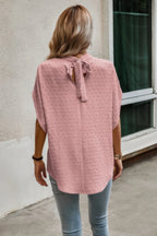 Solid Swiss Dot Mock Neck Drop Shoulder Blouse | Mixtshop LLC
