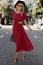 Solid Round Neck Cutout Waist A Line Midi Dress | Mixtshop LLC