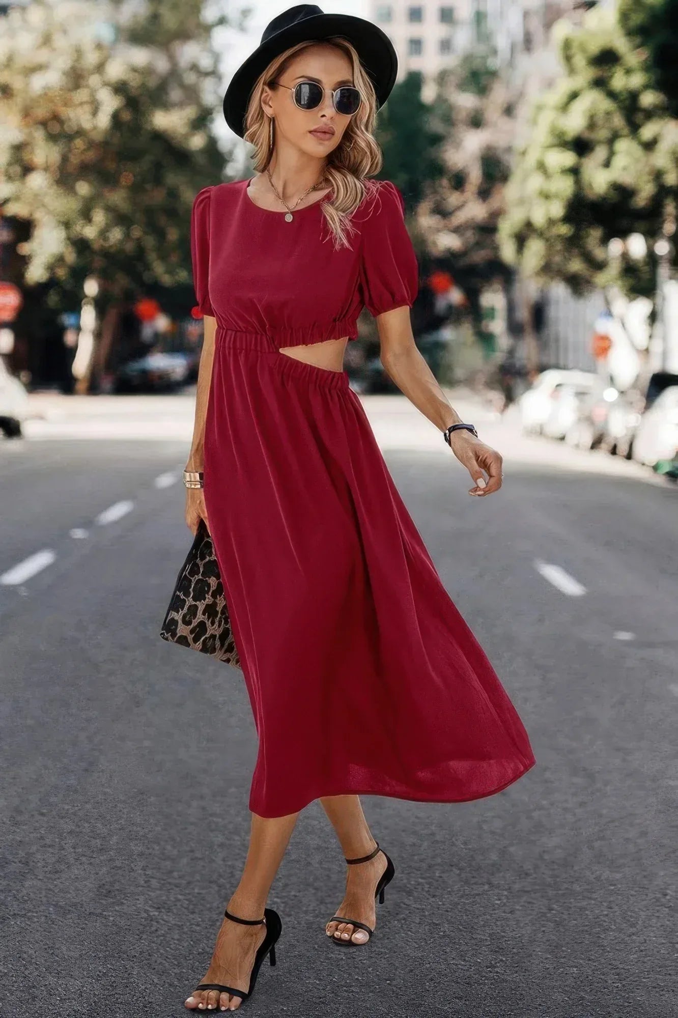 Solid Round Neck Cutout Waist A Line Midi Dress | Mixtshop LLC