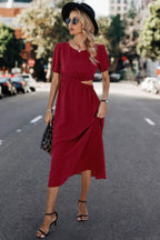 Solid Round Neck Cutout Waist A Line Midi Dress | Mixtshop LLC