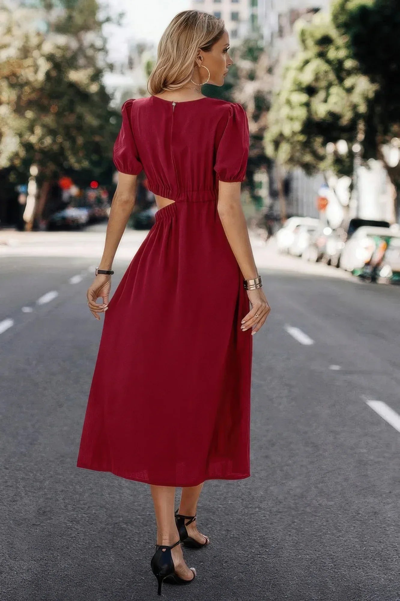 Solid Round Neck Cutout Waist A Line Midi Dress | Mixtshop LLC