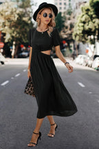 Solid Round Neck Cutout Waist A Line Midi Dress | Mixtshop LLC