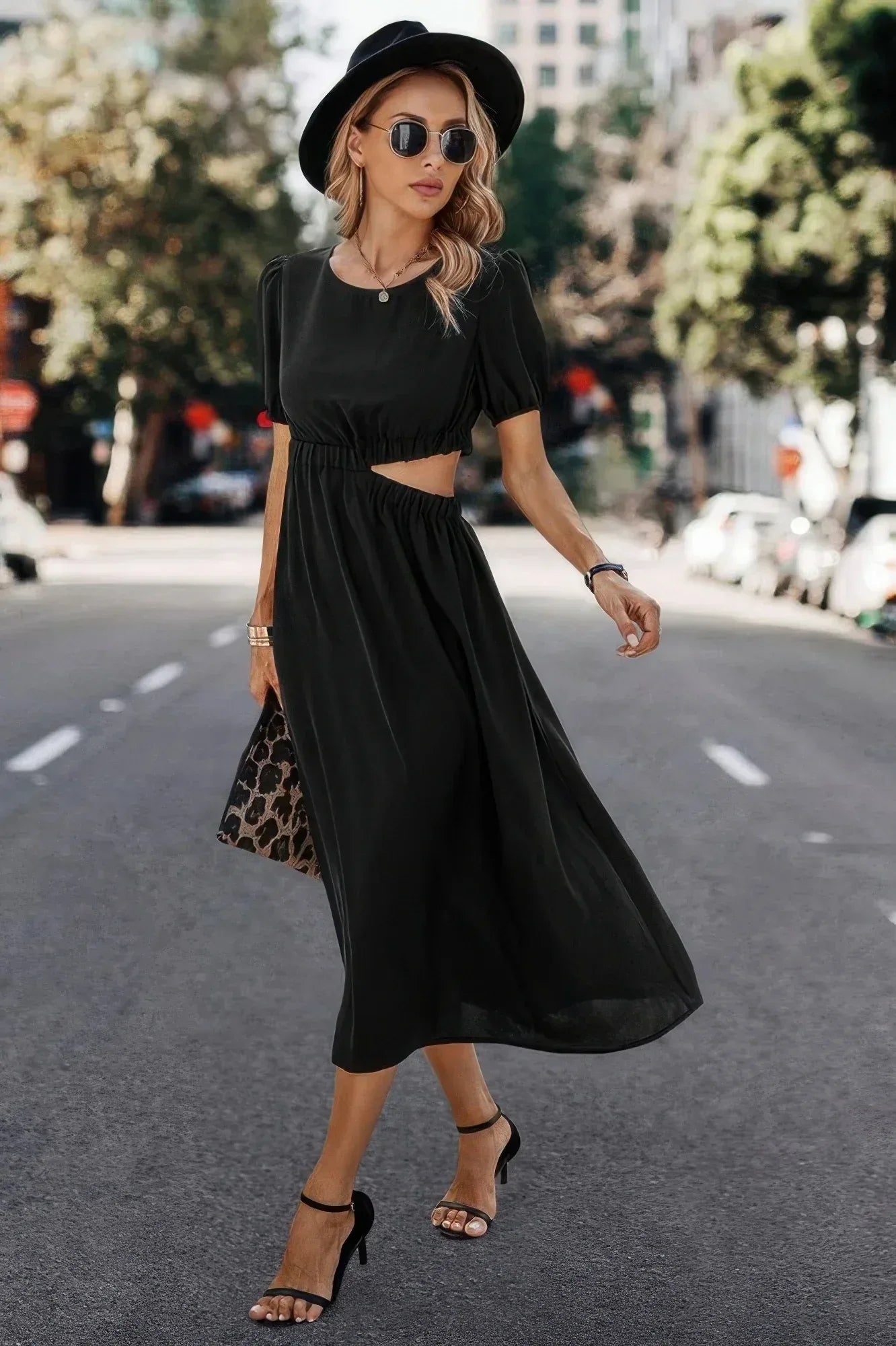 Solid Round Neck Cutout Waist A Line Midi Dress | Mixtshop LLC