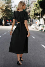 Solid Round Neck Cutout Waist A Line Midi Dress | Mixtshop LLC