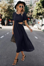 Solid Round Neck Cutout Waist A Line Midi Dress | Mixtshop LLC