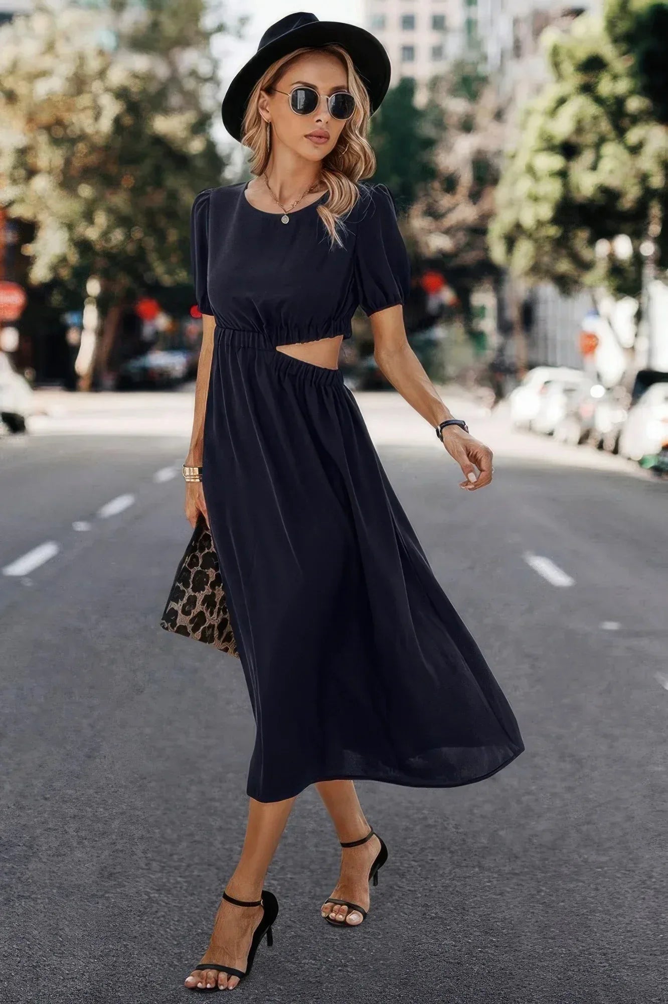 Solid Round Neck Cutout Waist A Line Midi Dress | Mixtshop LLC
