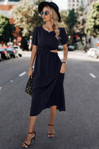 Solid Round Neck Cutout Waist A Line Midi Dress | Mixtshop LLC