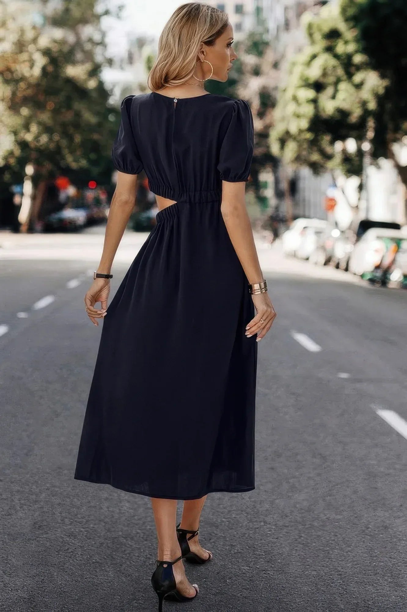 Solid Round Neck Cutout Waist A Line Midi Dress | Mixtshop LLC