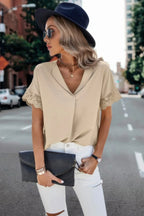 Solid Lace Trim Sleeve V Neck Fit Blouse | Mixtshop LLC