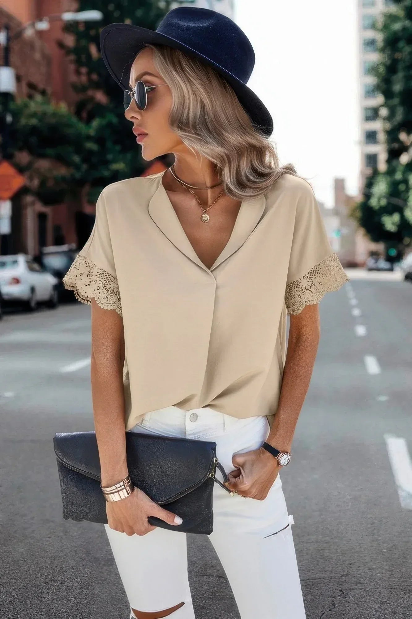 Solid Lace Trim Sleeve V Neck Fit Blouse | Mixtshop LLC
