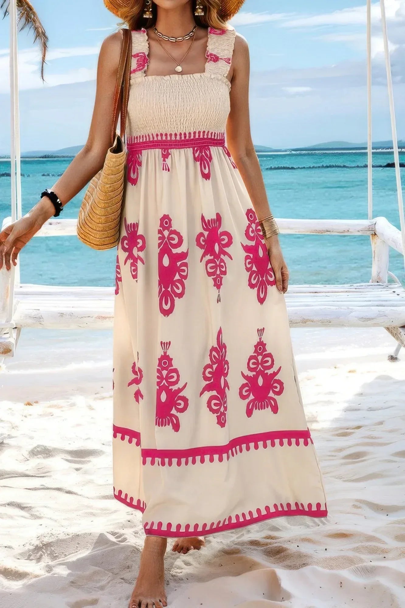 Sleeveless Square Neck A Line Smocked Shirred Dress | Mixtshop LLC