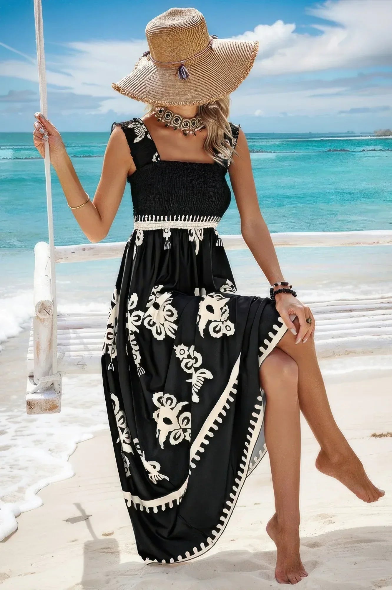 Sleeveless Square Neck A Line Smocked Shirred Dress | Mixtshop LLC