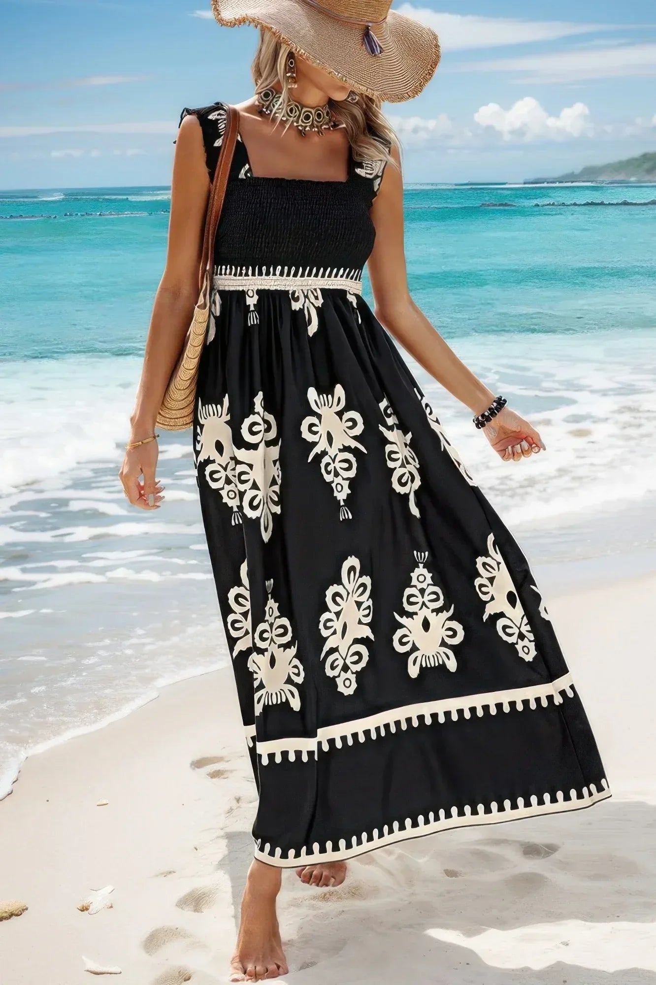 Sleeveless Square Neck A Line Smocked Shirred Dress | Mixtshop LLC