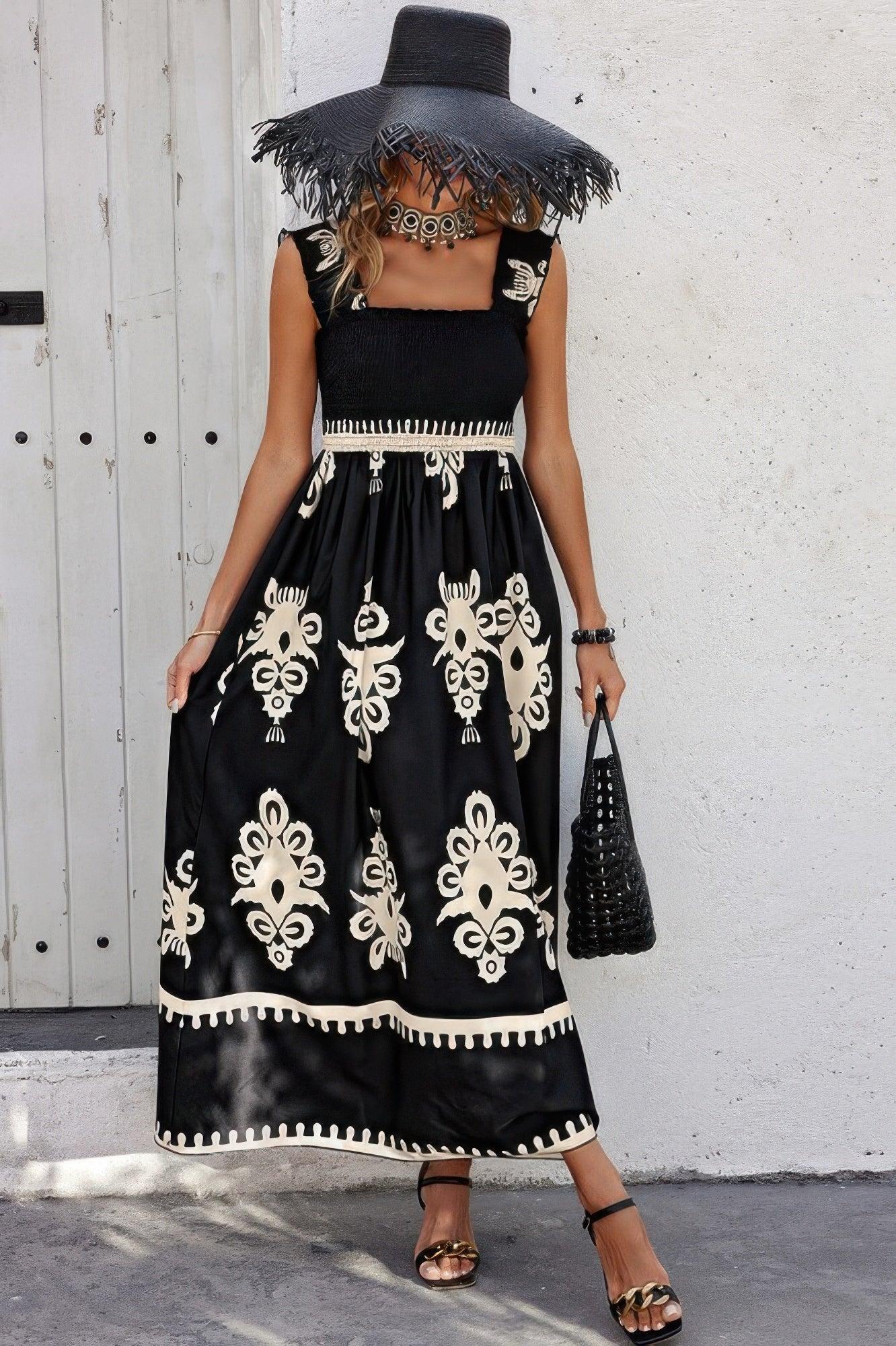 Sleeveless Square Neck A Line Smocked Shirred Dress | Mixtshop LLC