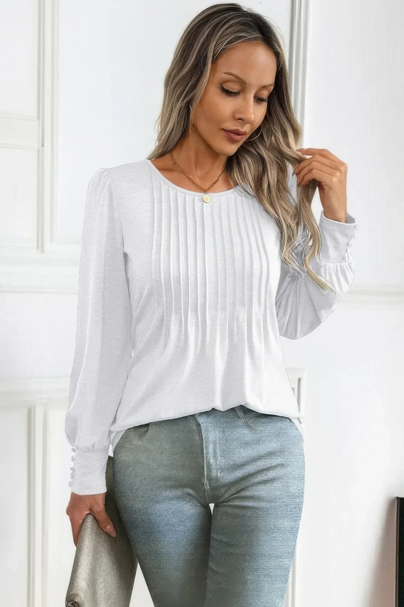Crew Neck Pleated Long Puff Lantern Sleeve Knit Shirt | Mixtshop LLC Main image