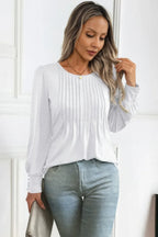Crew Neck Pleated Long Puff Lantern Sleeve Knit Shirt | Mixtshop LLC