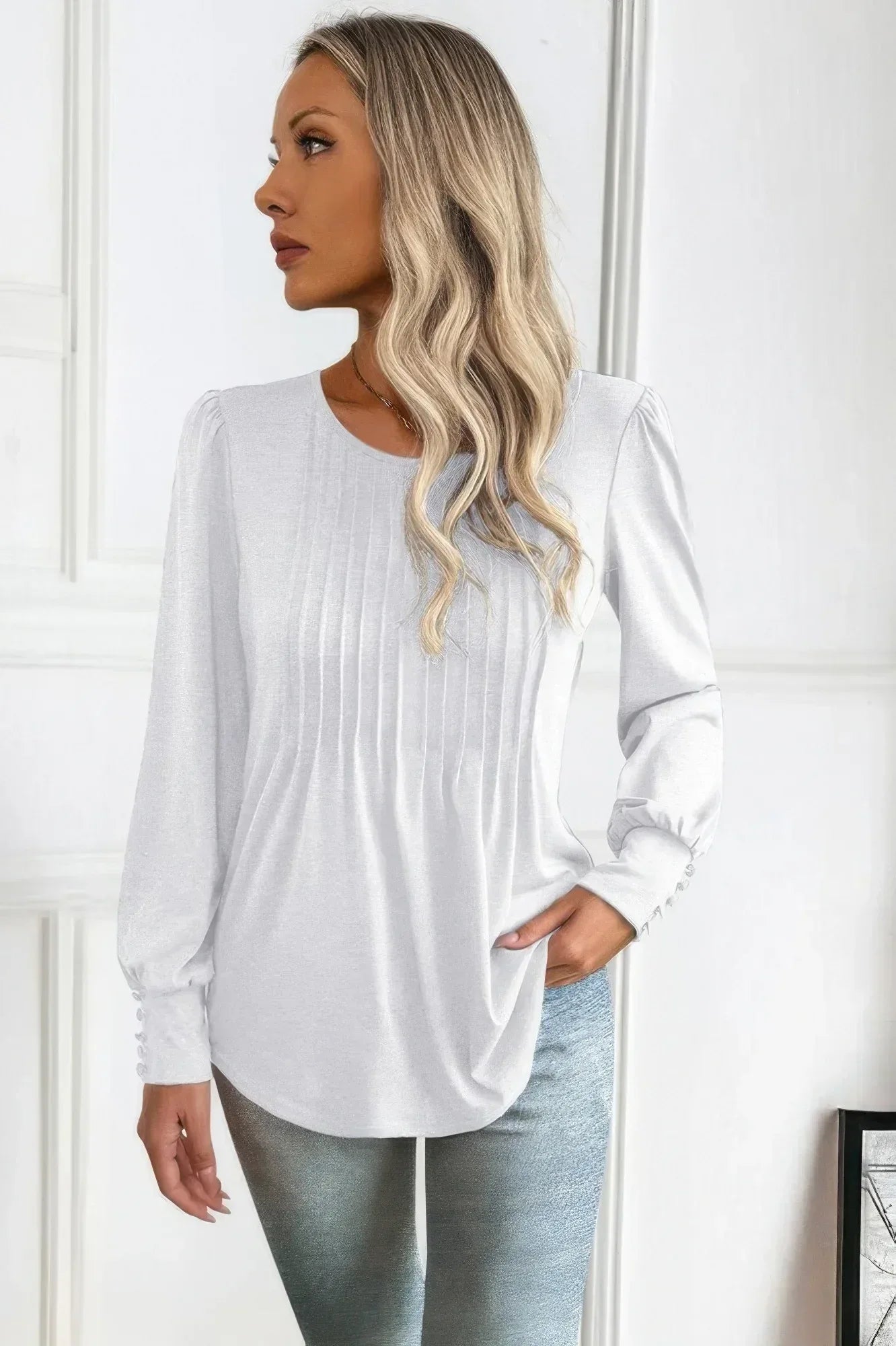 Crew Neck Pleated Long Puff Lantern Sleeve Knit Shirt Secondary image