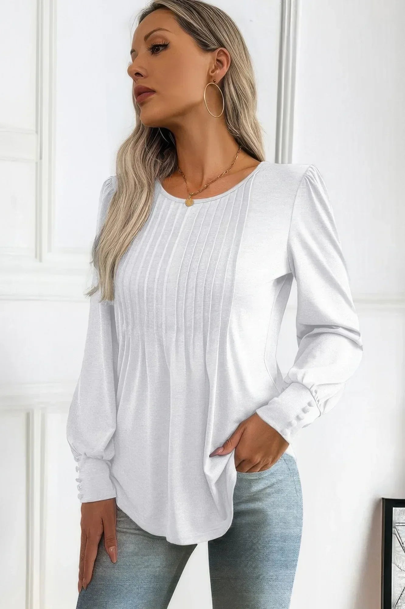 Crew Neck Pleated Long Puff Lantern Sleeve Knit Shirt | Mixtshop LLC