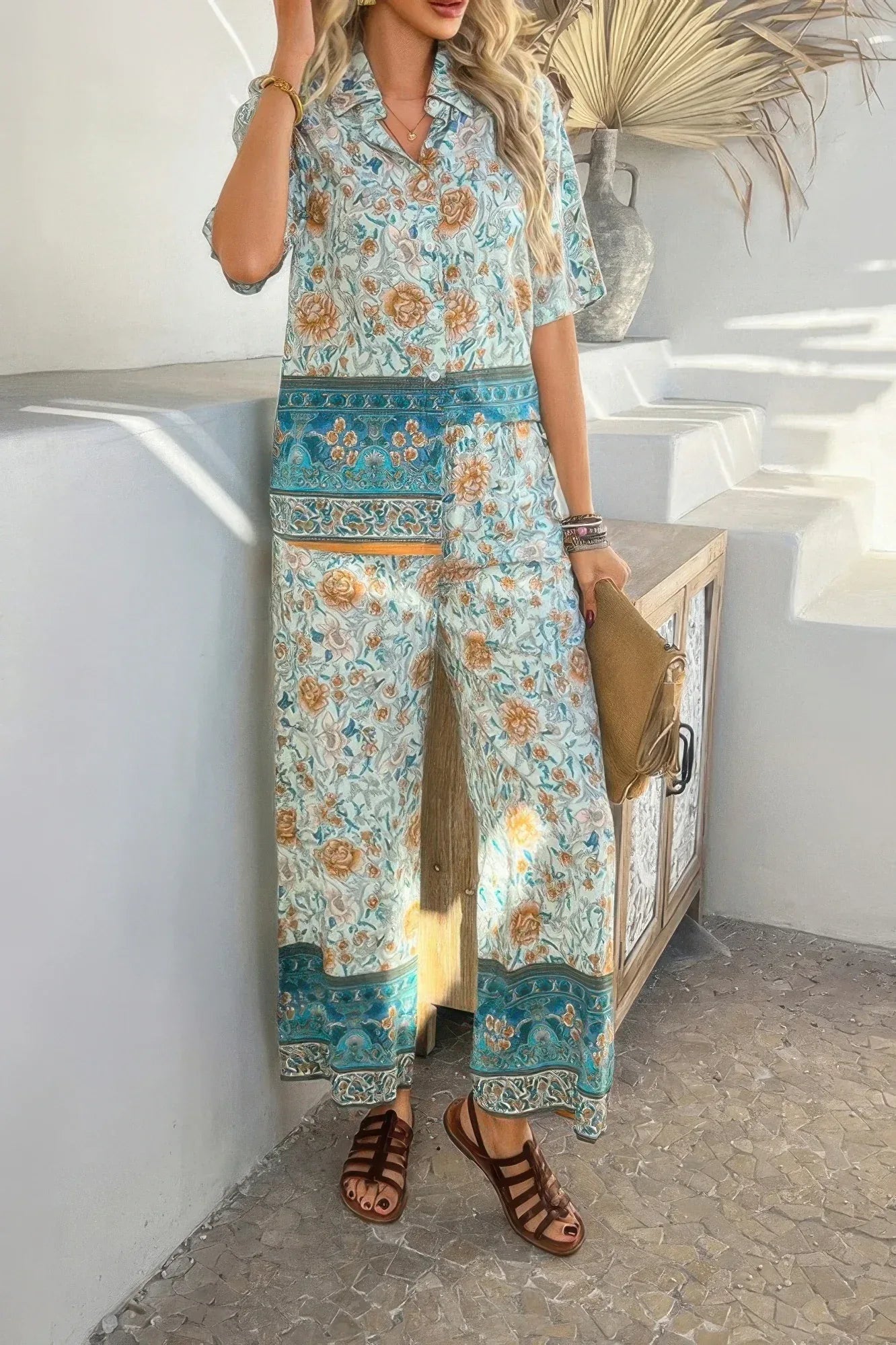 Two Pieces Button Down Boho Blouse Pant Sets Secondary image