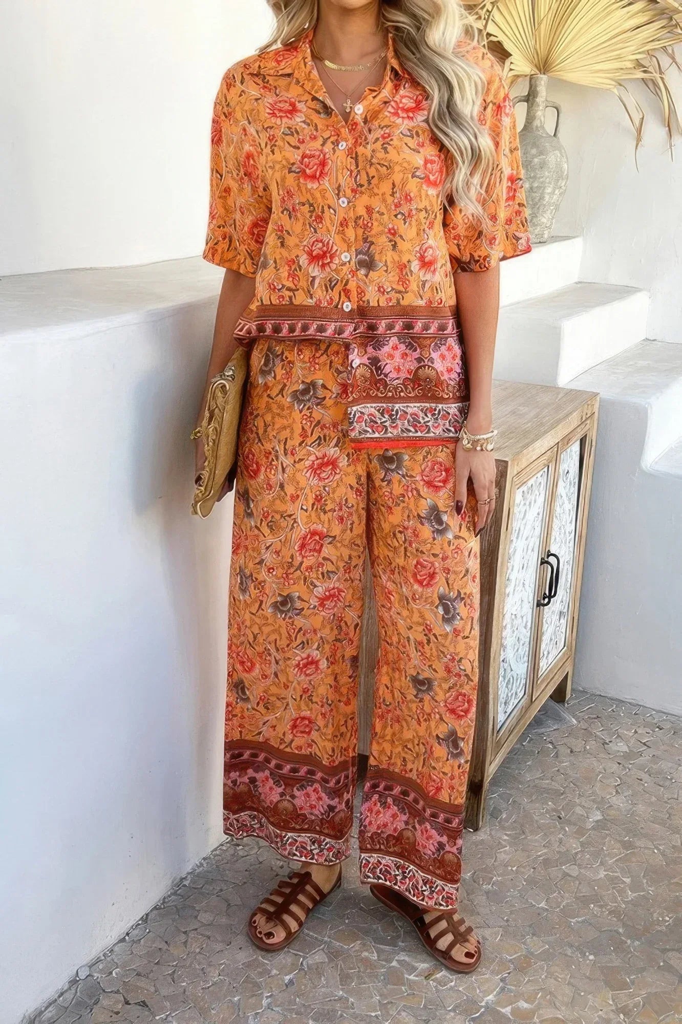 Two Pieces Button Down Boho Blouse Pant Sets | Mixtshop LLC