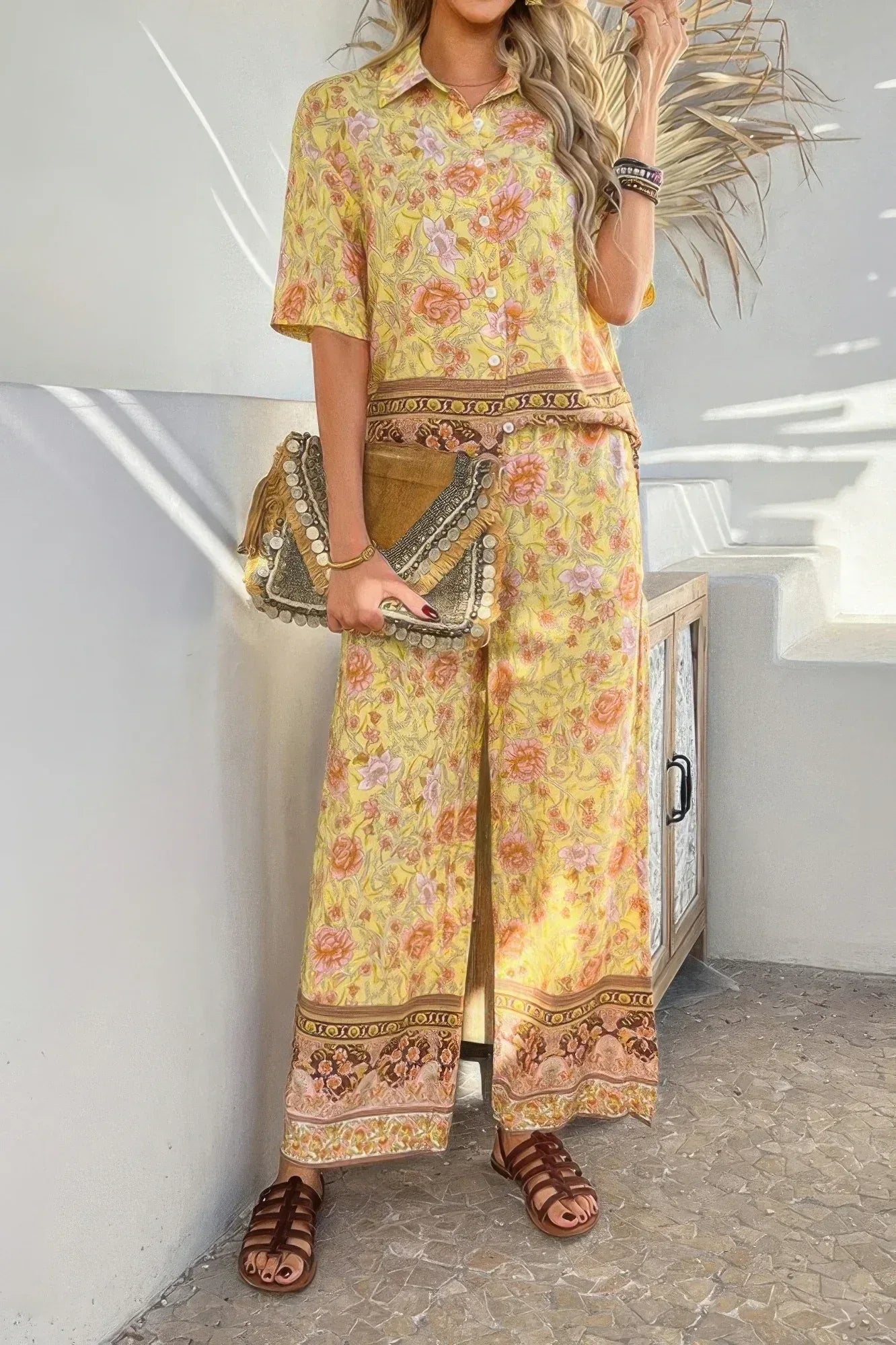 Two Pieces Button Down Boho Blouse Pant Sets | Mixtshop LLC