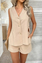 Two Pieces Button Down V Neck Suit Short Sets | Mixtshop LLC