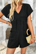 Solid Deep V Neck Drop Shoulder Loose Pockets Romper | Mixtshop LLC