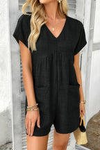 Solid Deep V Neck Drop Shoulder Loose Pockets Romper | Mixtshop LLC