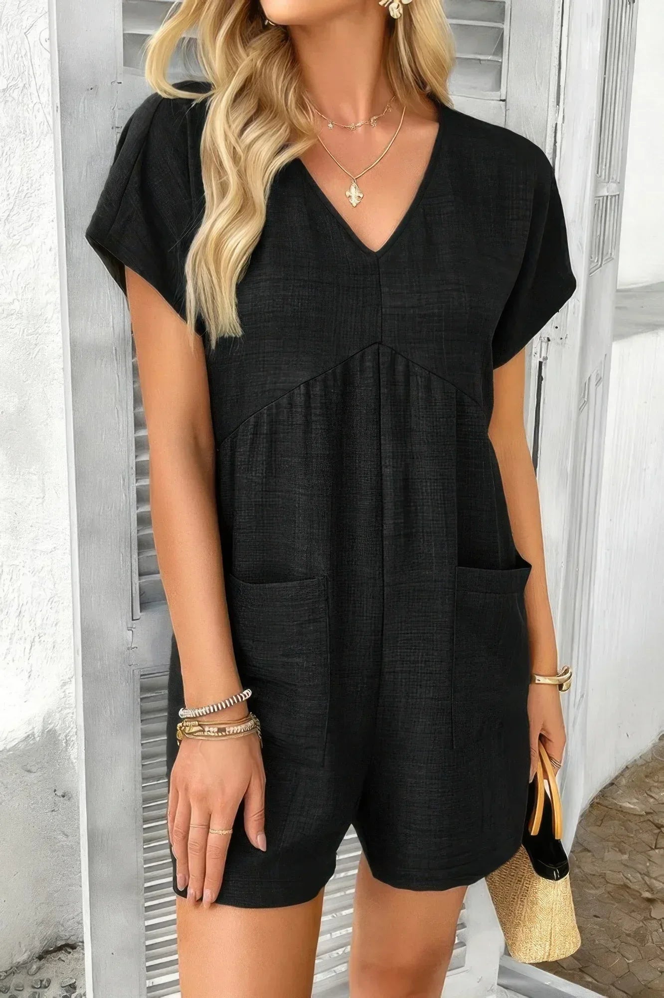 Solid Deep V Neck Drop Shoulder Loose Pockets Romper | Mixtshop LLC